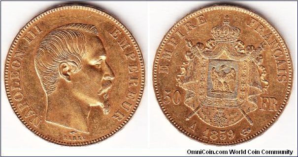 FRANCE SECOND EMPIRE Napoleon III, 50 Francs, 1859A. 16.12g. 0.9000 Gold, .4667 oz. AGW. KM# 785.1. Paris mint. Bare head type. Low 3,740 mintage. EF.