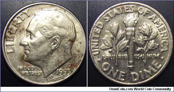 US 1995 dime, mintmark D. Scratched. Special thanks to Arthrene!