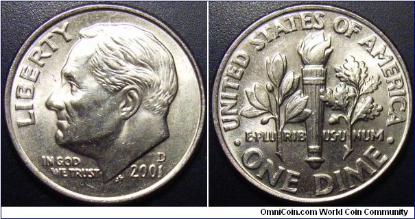 US 2001 dime, mintmark D. Special thanks to Arthrene!
