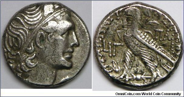 PTOLEMAIC KINGS of EGYPT. Cleopatra VII Thea. 51-30 BC. Billon Tetradrachm. Diademed bust of Ptolemy I right, wearing aegis / Eagle standing left on thunderbolt; LIG (date) before, PA behind.