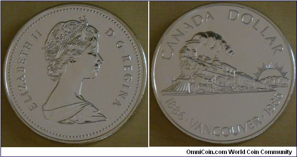 Canada, 1 dollar, 1986 Centenary of the City of Vancouver, British Columbia and the first transcontinental passenger train crossing, silver dollar