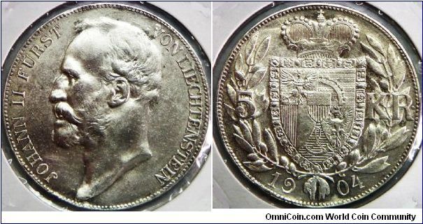 Prince John II (1858 - 1929), 5 Kronen, 1904. 24.0000 g, 0.9000 Silver, .6944 Oz. ASW. Mintage: 15,000 units. Cleaned, EF Detail.