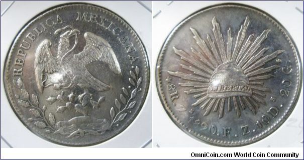 Republic, 8 Reales, 1890Zs FZ. Zacatecas minted. 27.0700 g, 0.9030 Silver, .7859 ASW. Mintage: 3,887,000 units. AU.