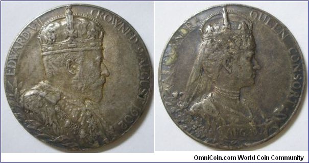 Official Medal in Silver, 1902, by G.W. De Saulles, Crowned, draped, bust of Edward VII, right/Crowned, draped bust of Queen Alexandra right, 55 mm, VF.