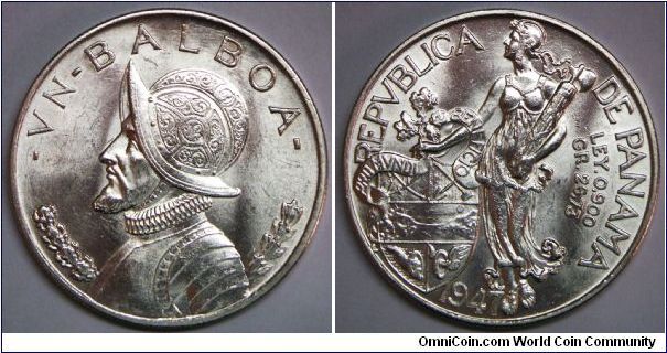Republic of Panama, One Balboa, 1947. 26.7300 g, 0.9000 Silver, .7735 Oz. ASW., 38.1mm. Mintage: 500,000 units. Brilliant Uncirculated.