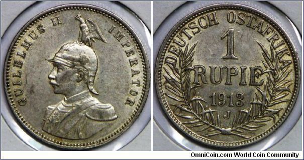 German East Africa, Colonial, Wilhelm II (1888 - 1918), 1 Rupie. 1913 J. 11.6638 g, 0.9170 Silver, .3437 Oz. ASW. Mintage: 1,400,000 units. Good XF to AU. [SOLD]