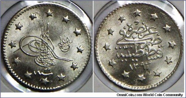 Sultanate, Abdul Hamid II, 1 Kurush, AH1293//1 (1876 AD). 1.2027 g, 0.8300 Siver, .0321 Oz. ASW. Mintage: 345,000 units. BU.