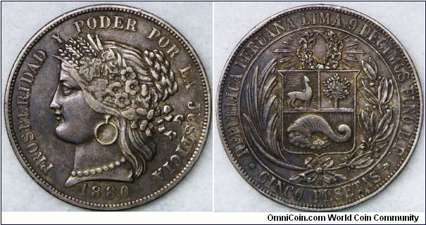 Republic, Peseta Coinage, 5 Pesetas, 1880 BF, 'B' below wreath. 24.81g, 0.9000 Silver, .7234 Oz. ASW. Mint: Lima. Good very fine. Seldom offer type.
