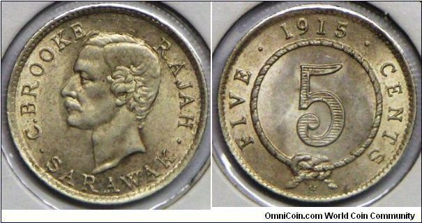 British Colony, Sarawak, Rajah J. Brooke (1868 - 1917), 5 Cents, 1915H. 1.3500 g, 0.8000 Silver, .0347 Oz. ASW. Mintage: 100,000 units. Very Choice BU. Rare in this condition.