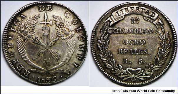 Republic, Milled Coinage, 8 Reales, 1835 RS (Scarce date). Obverse: Fasces type. Fasces bound with bow and arrow, flanking cornucopia. Reverse: Wreath with banner above; value and mintmarks within. 27.0200 g, 0.8350 Silver, .7253 Oz. ASW. Good EF. Most of these 'Ocho Reales' were sent to the Philippines with counterstamped 'YII', indicates Queen Isabella II ('F 7' counterstamped indicating king Ferdinand VII). Very Rare in this superlative state of preservation.