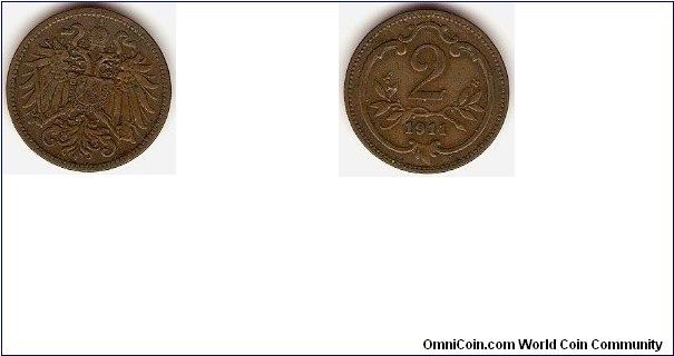 Empire
2 heller
double-headed eagle with Habsburg arms on breast
bronze