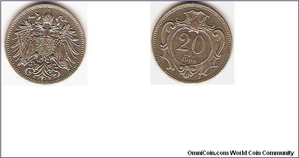 Empire
20 heller
double-headed eagle with Habsburg arms on breast
nickel