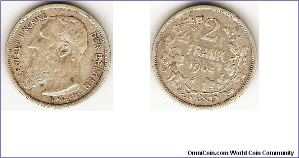 2 frank
Leopold II, king of the Belgians
Dutch version
0.835 silver