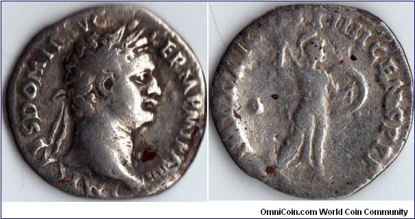 Domitian silver denarius. Minerva reverse