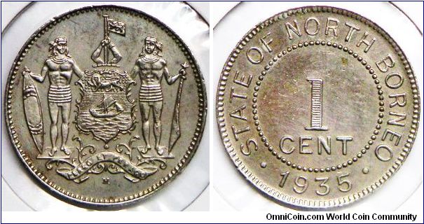 British North Borneo, British Protectorate, 1 Cent, 1935H. Copper-Nickel. Mintage: 1,000,000 units. UNC.