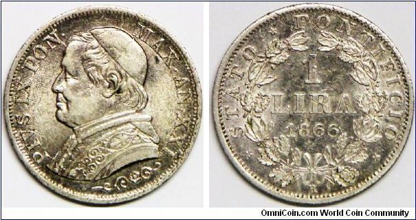 Italian States - Papal States, Pius IX (1846 - 1878), 1 LIRA, 1866-XXIR. 5.0000 g, 0.8350 Silver, .1432 Oz. ASW. Mintage: 1,675,000 units. Dipped sometimes ago but retoned. EF or EF+ detail. [SOLD]