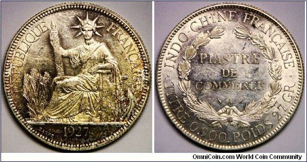 French Indo-China (French Colony), Trade Dollar - 1 Plastre, 1927A, 27.0000 g, 0.9000 Silver, .7812 Oz ASW, Mintage: 8,183,999 units. Choice lustrous AU, very near BU. [SOLD 28/08/2009]