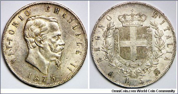 Italy, Vittorio Emanuele II (1861 - 1878), 5 Lire, 1875M BN. 25.0000 g, 0.9000 Silver, .7234 Oz. ASW. Mintage: 8,982,000 units. AU.