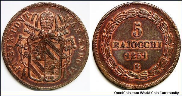 Italian States - Papal States, Pius IX, 5 Baiocchi, 1851-VR