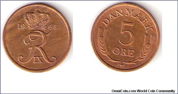 DENMARK

1968

FIVE

ORE

COIN

 

RULER:       FREDERIK IX

EDGED:       PLAIN

WEIGHT:     6.0000 GMS

METAL:      BRONZE