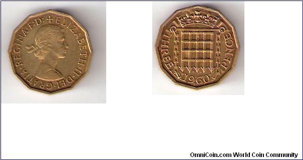 England

1960

THREE

PENCE

COIN

 

OBVERSE:  QUEEN ELIZABETH II

EDGED:       PLAIN

SHAPE:        12 SIDED

METAL:      NICKEL BRASS