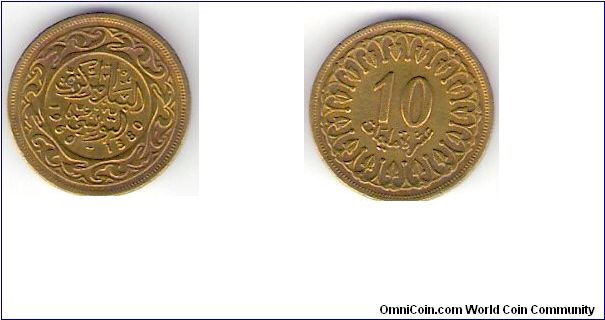 TUNISIA

1960

(1380 AH) 

TEN

MILLIM

COIN

 

EDGED:       REEDED

METAL:      BRASS
