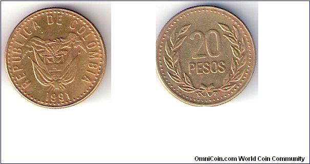 COLOMBIA

1991

TWENTY 

PESOS

COIN

 

EDGED:       REEDED

METAL:      COPPER ALUMINIUM NICKEL
