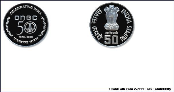 GOLDEN JUBILEE CELEBRATION OF ONGC
(Proof)
Denomination:  	   Rs.50
Weight:
22.5 grms 	Shape:
Circular
Size dia:
39 mm 	
Composition:
Quaternary alloy
Silver 50%, copper 40 %,
Nickel 5%, Zinc 5%