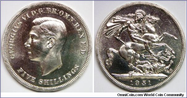 George VI, Crown (5 Shillings), 1951. Copper-Nickel, 38.5mm. Subject: Festival of Britain. Mintage: 2,000,400 units. Prooflike UNC.