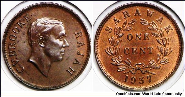 Sarawak, British Colony, Rajah Charles V. Brooke (1917 - 1946), One Cent, Bronze, 1937 H. Mintage: 3,000,000 units. UNC. (Valuation: Compare to Key Date 1941H, the value different is 11,983%). Red & Brown. [SOLD]