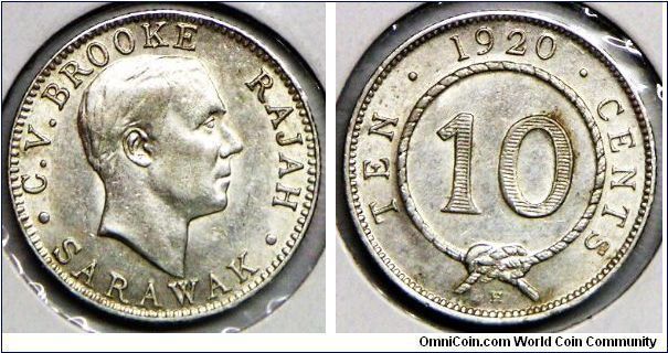 Sarawak, British Colony, Rajah Charles V. Brooke (1917 - 1946), 10 Cents, 1920H. 2.7100 g, 0.4000 Silver, .0349 Oz. ASW. Mintage: 1,500,000 units. AU.
