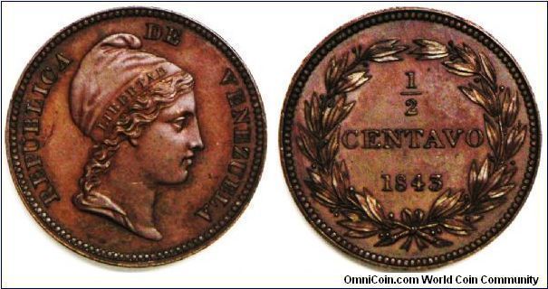 Republic of Venezuela, 1/2 Centavo, 1843(I), 6.0000 g, Copper, 21mm. Edge: Diagonally reeded edge. Mintage: Unknown. Minter: Royal Mint London, England.  
PROOF. An extremely rare issue in Proof.