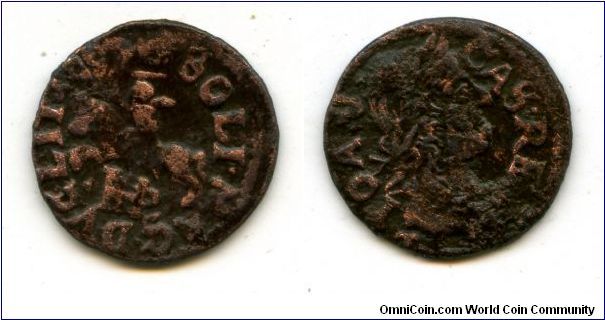 John II Casimir of Poland
1 Solidus (Boratinka) Lithuanian issue
'Rec Paspalitaja Solid Litouski' 
Knight Vytautas on horseback 
Head of John II
15mm