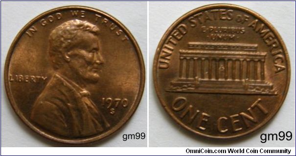 LINCOLN CENTS, MEMORIAL REVERSE.1 Cent.1970S-Mintmark: S (for San Francisco, CA) below the date