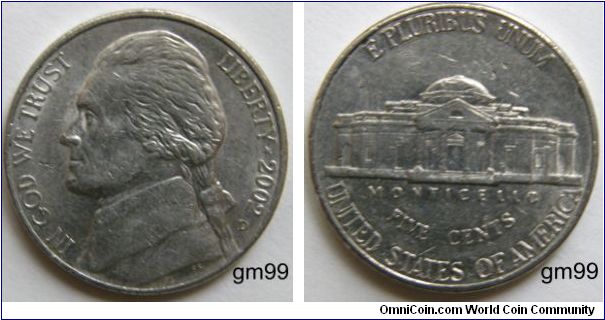 JEFFERSON FIVE CENTS,2002D-Mintmark: Small D (for Denver, Colorado) below the date on the lower right obverse