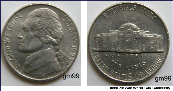 JEFFERSON FIVE CENTS,1993D-Mintmark: Small D (for Denver, Colorado) below the date on the lower right obverse