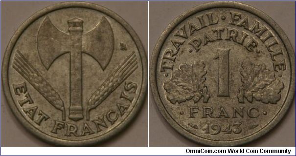 German occupied France, 1 Franc, with ax and wheat heads. Al, 23 mm