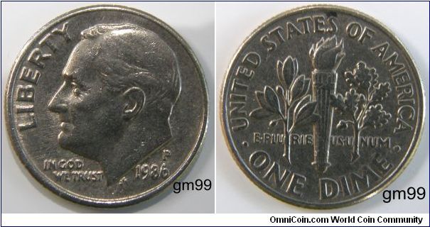 Franklin Delano Roosevelt Dime, 10 Cents. 1986P-Mintmark: P (for Philadelphia, PA) above the date