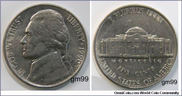 JEFFERSON FIVE CENTS, 1990D-Mintmark: Small D (for Denver, Colorado) below the date on the lower right obverse
