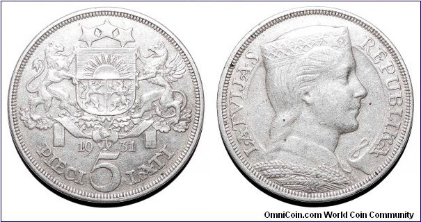 LATVIA (1st REPUBLIC)~5 Lati 1931.