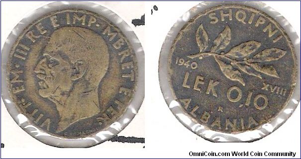 Italian Occupied Albania, 0.10 Lek.  Rome mint.