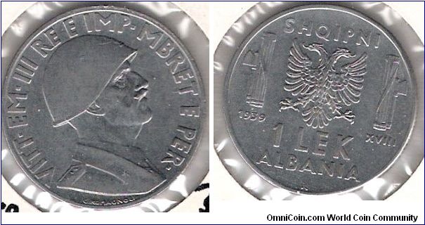 Italian Occupied Albania, 1 Lek, Rome mint.