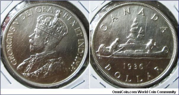 King George V, Canada One Dollar, 1936. 23.3276 g, 0.8000 Silver, .6000 Oz. ASW. Mintage: 339,600. AU.