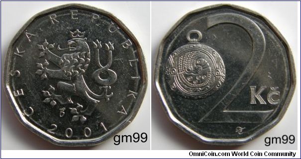 2 Korun (Nickel-Clad Steel) : 2001
Obvers: Crowned rampant lion left with two tails that are intertwined,
 CESKA REPUBLIKA date
Revers: Ornament with handle to left of value,
2 KC