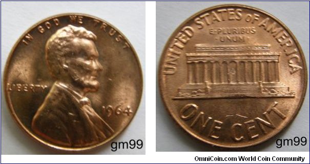 LINCOLN CENT, MEMORIAL REVERSE.
1964-Mintmark: None (for Philadelphia, PA) below the date