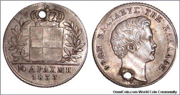 GREECE (KINGDOM)~1/4 Drachmai 1833. Under King: Otto/Othon Wittelsbach of Bavaria.