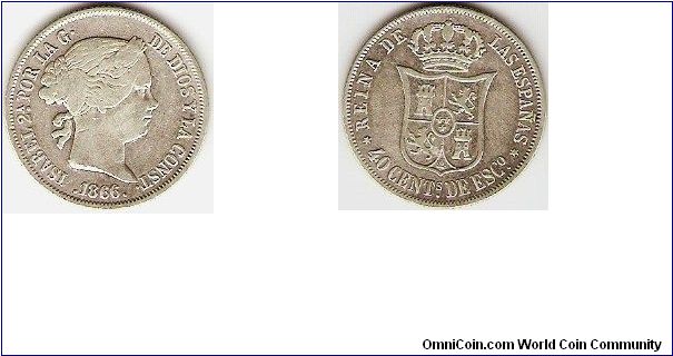 40 centimos de escudo
Isabel II, by the grace of God and the Constitution, queen of Spain
silver
