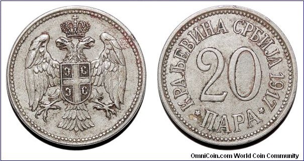 SERBIA (2nd KINGDOM)~20 Para 1917. Last issue before becoming part of Yugoslavia.