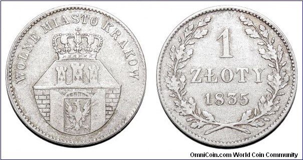KRAKOW (REPUBLIC)~1 Zloty 1835. One-year type.