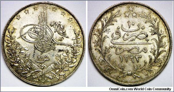 Egypt, Abdul Hamid II (1876 - 1909), 20 Qirsh, AH1293/10 (1884) W. 27.96 g, 0.8330 Silver, .7499 Oz. ASW. Mintage: 874,000 units. Very high end AU or some would judge it borderline uncirculated.